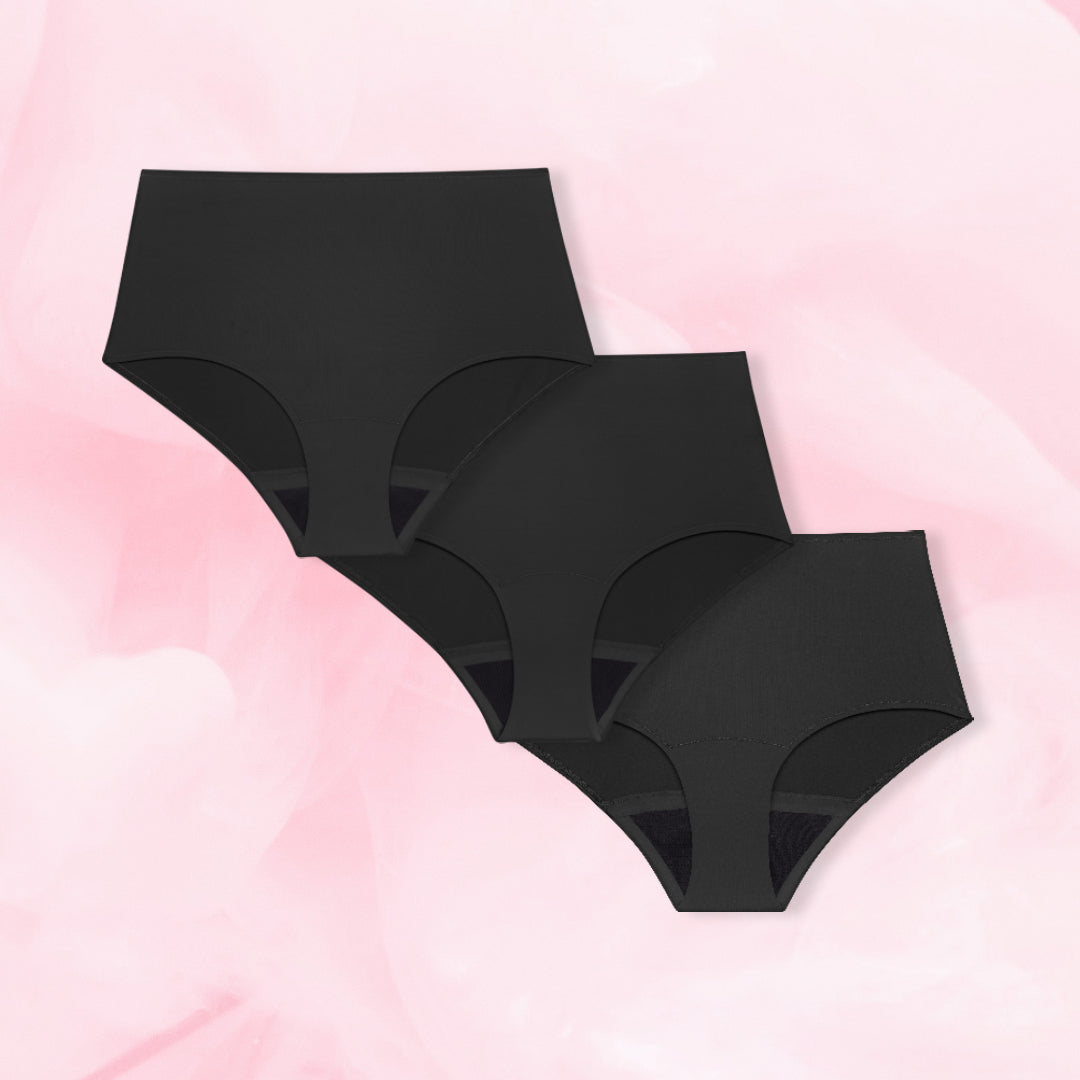 High Waist Discovery Set med tre ComfortFit menstrosor i olika absorptionsnivåer.