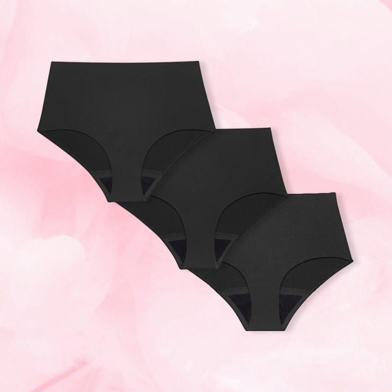 High Waist Discovery Set med tre ComfortFit menstrosor i olika absorptionsnivåer.