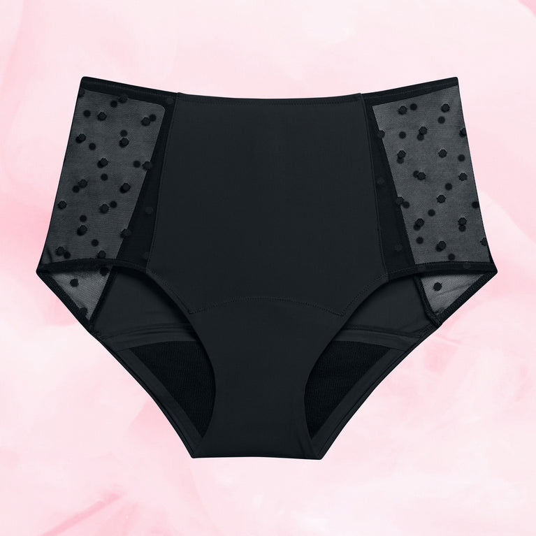 Högmidjade Dots Måttlig Mens Menstrosa med prickiga mesh-sidor.