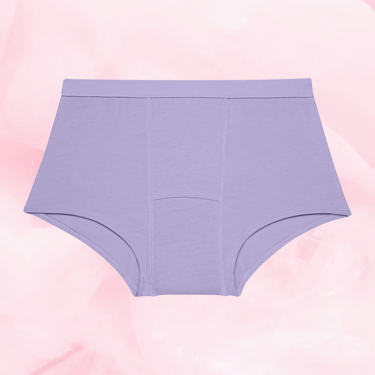 Teens Boxer Måttlig Mens i lavendel, hög midja, platt layout.
